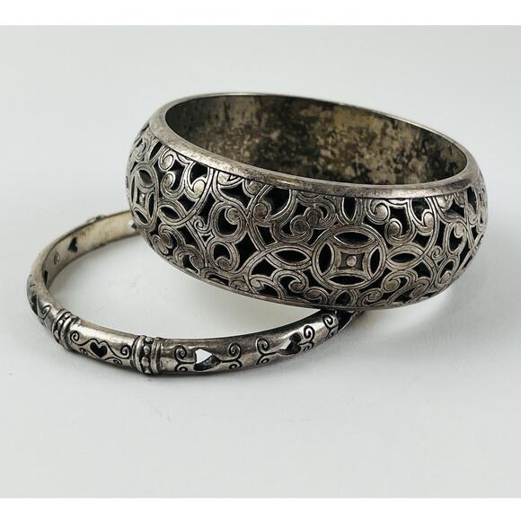 Set 2 Brighton Bangle Bracelets Retired Vintage Scroll Hearts Thick Chunky Silve - Picture 12 of 16